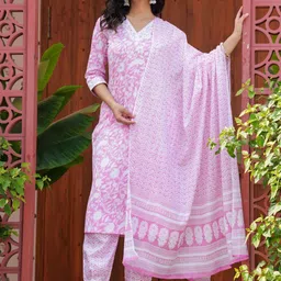 RANI PRINTS Women Floral Printed Regular Aari Work Pure Cotton Kurta with Trousers & With Dupatta-18