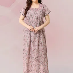 Soulemo Women Floral Printed Round Neck Maxi Regular Nightdress-image-51