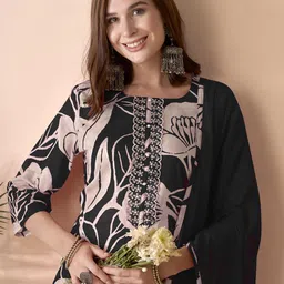 Anouk Black Floral Printed Round Neck Pure Cotton Straight Kurta With Trousers & Dupatta-14