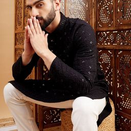 HERE&NOW Geometric Embroidered Mandarin Collar Long Sleeves Thread Work Straight Kurta-10