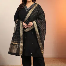 EXTRA LOVE BY LIBAS Women Plus Size Ethnic Motifs Embroidered Kurta Trousers & Dupatta-image-84