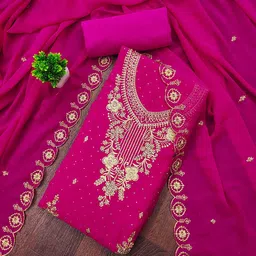 HERE&NOW Floral Embroidered Thread Work Georgette Unstitched Dress Material-image-65