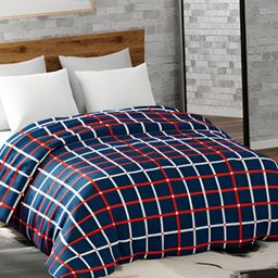 haus & kinder Navy Blue & Red Checked 450 GSM Reversible Double Bed Blanket-15