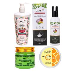 CARET ORGANIC Set of 4 Body Lotion, Neem Gel, Nourishing Cream & Red Onion Hair Oil-58