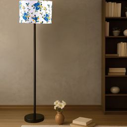 Devansh White & Blue Printed Cylinder Wooden Floor Lamp-picture-37