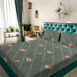 KLOTTHE Grey & White Floral Printed 300 TC Double Bedsheet With 2 Pillow Covers-2.5mx2.25m-16