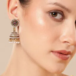 Anouk Gold-Plated Artificial Stones Studded And Beaded Dome Shaped Jhumkas-8