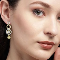 PRIVIU Gold-Plated American Diamond Studded Circular Shaped Drop Earrings-image-24