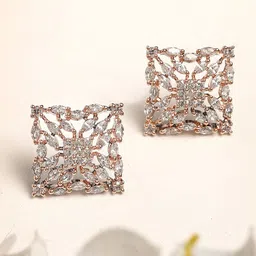 KARATCART Rose Gold-Plated American Diamond Square Studs-1
