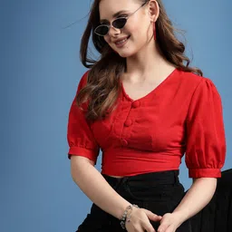BEING NAUGHTY Puff Sleeve Shirt Style Crop Top-picture-17