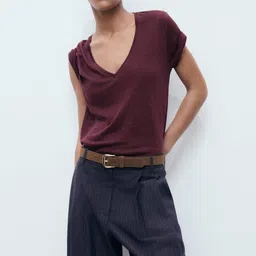 MANGO Women V-Neck Linen T-shirt-97