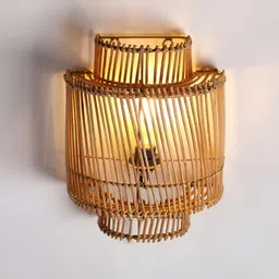 HABERE INDIA Brown Textured Wood Cylinder Shaped Wall Lamp-image-84