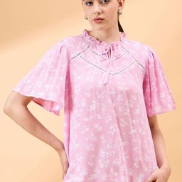 all about you Floral Print Tie-Up Neck Flared Sleeve Crepe Top-47