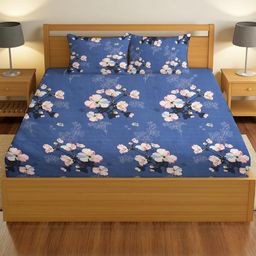 IVAZA Blue & Pink Floral 330 TC King Size Bedsheet with 2 Pillow Covers-image-78
