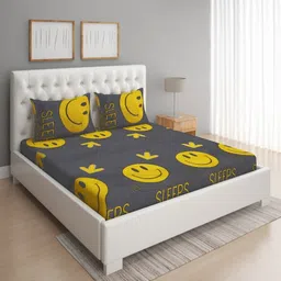 Myntra Elegant Homes Grey & Yellow Cartoon Characters 144 TC Queen Bedsheet with 2 Pillow Covers-7