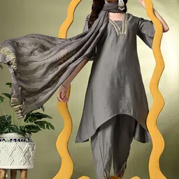 KALINI Floral Yoke Design V-Neck Zari A-Line Kurta with Dhoti Pants & Dupatta-picture-8