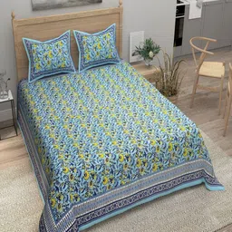 Bombay Spreads Turquoise Blue & Yellow Floral 180 TC King Bedsheet with 2 Pillow Covers-image-67