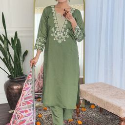 Moda Rapido Women Ethnic Motifs Embroidered Regular Thread Work Chanderi Silk Kurta Sets-picture-12
