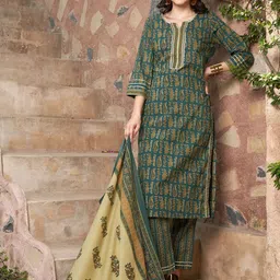 Sangria Olive Paisley Printed Notch-Neck Pure Cotton Straight Kurta With Trouser & Dupatta-11