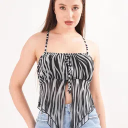 clobug Print Tie-Up Neck Net Crop Top image 5