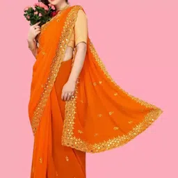 SAADHVI Embellished Mirror Work Pure Georgette Fusion Saree-image-58