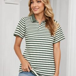 VIMAL JONNEY Women Striped Polo Collar Drop-Shoulder Sleeves Monochrome Pockets T-shirt-image-91