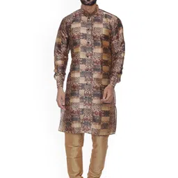 VEERA PARIDHAAN Floral Printed Dupion Silk Mandarin Collar Straight Kurta-image-91
