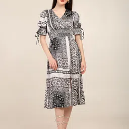 7OUNCE Floral Print Puff Sleeve Fit & Flare Midi Dress-image-34