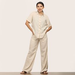 Saltpetre Women Beige Button Down Half Sleeve Shirt With Long Leg Pant Co-Ord Set-image-5