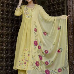 Anouk Floral Schiffli Embroidered Panelled Pure Cotton A-Line Kurta With Pyjamas & Dupatta-18