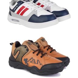 PENNEN Men Set Of 2 White & Tan Synthetic Lace-Ups Non-Marking Running Shoes-image-15
