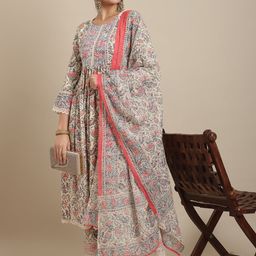 Sangria Women Printed Thread Work Kurta with Trousers & With Dupatta-image-4