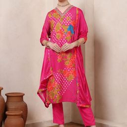 Nehamta Floral Printed V-Neck Beads And Stones Kurta With Trousers & Dupatta-picture-10