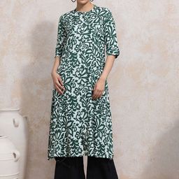 Moara Floral Printed Mandarin Collar Rolled-Up Sleeves A-Line Kurta-image-4