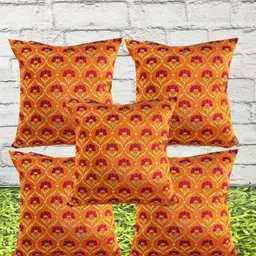 Pink Parrot Orange & Gold-Toned Set of 5 Ethnic Motifs Square Cushion Covers-31