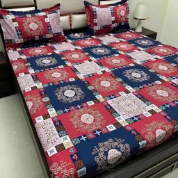 Pure Decor Red & Navy Blue Ethnic Motifs 250 TC Queen Bedsheet with 2 Pillow Covers-image-81