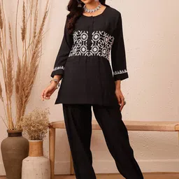 ADA Floral Embroidered Round Neck Chikankari Tunic with Trousers-image-53