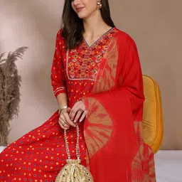 Anouk Red Ethnic Motifs Printed Thread Work Detailed A-Line Kurta & Trouser With Dupatta image 4