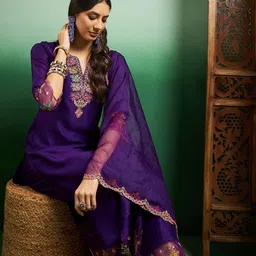 Sangria Embroidered Notch Neck Kurta With Plazzo & Dupatta-picture-51