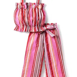 CrayonFlakes Girls Striped Shoulder Straps Pure Cotton Top With Belted Palazzo-image-9
