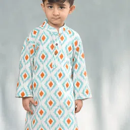 Sangria Boys Blue & White Geometric Printed Mandarin Collar Pure Cotton Straight Kurta-image-95