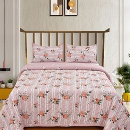 BELVOSTUM White & Peach-Coloured Floral 250 TC King Bedsheet with 2 Pillow Covers-image-84