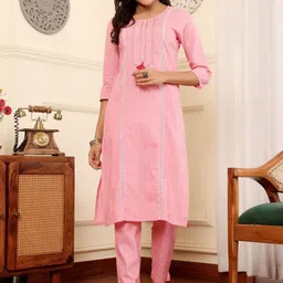 all about you Geometric Woven Design Kantha Work Pure Cotton Straight Kurta With Trousers-picture-57