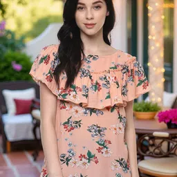Pannkh Women Floral Print Flutter Sleeve Ruffles Top-picture-8