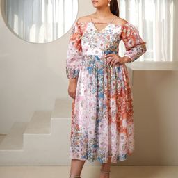 PURVAJA Women Floral Printed Puff Sleeve Shoulder Straps Georgette Fit & Flare Midi Dress-image-95