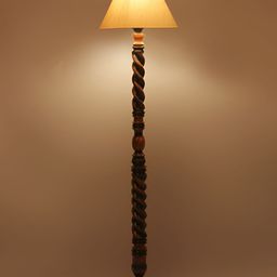 Devansh Off-White Cotton Conical Wooden Floor Lamp-49
