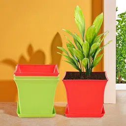 Kuber Industries 4-Pcs Red & Green Premium Flower Pots for Garden withBottomPlates-10