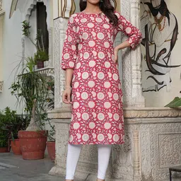 SAK JAIPUR Floral Printed Keyhole Neck Pure Cotton Straight Kurta-image-52