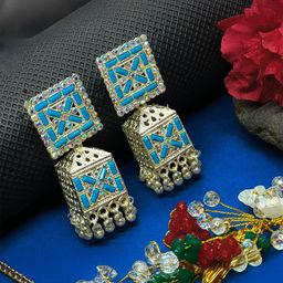 Soniya Crafts Silver-Plated Stones Studded Contemporary Shaped Jhumkas-image-81