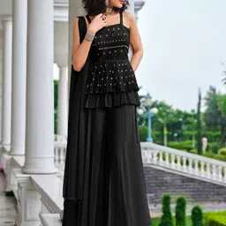 SANCIA Women Embroidered Layered Sequinned Kurta with Palazzos & With Dupatta-6